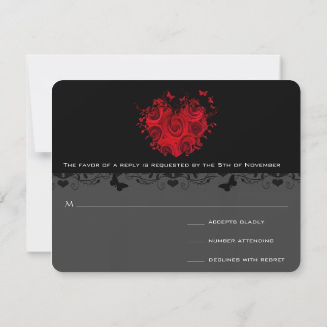 Mariposa Red Rose Heart Black Metallic RSVP (Reverso)