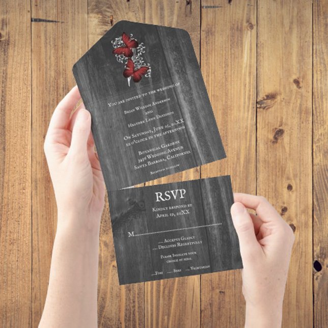 Mariposa roja Rustica todo en una invitación de ma (Red Rustic Butterfly All In One Wedding Invite)