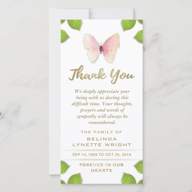 Mariposa rosa gracias tarjeta de simpatía (Anverso)