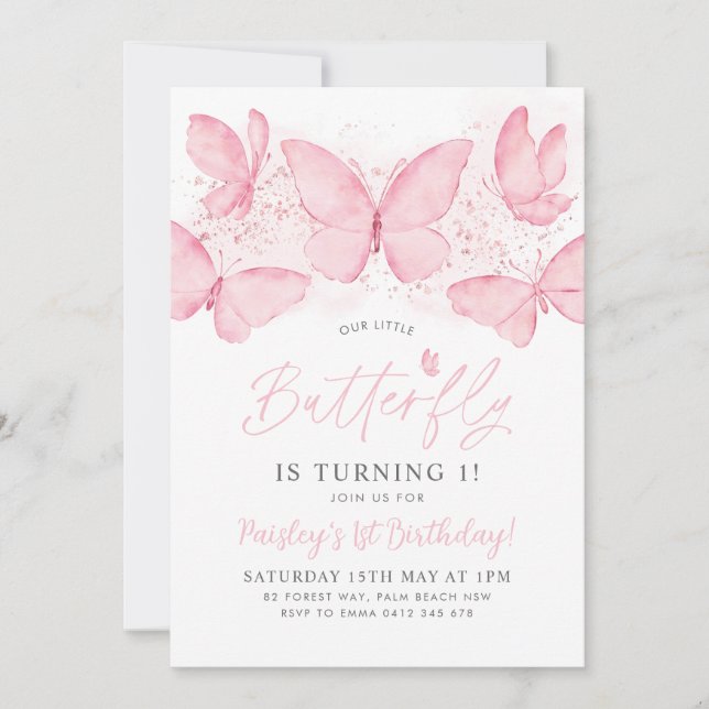 Mariposa rosa Invitación de cumpleaños 1 bebé niña (Anverso)