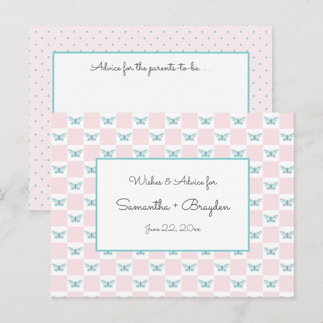 Mariposa rosada + puntos Tarjetas Baby Shower Adva (Anverso / Reverso)