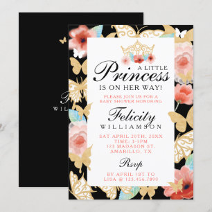 Mariposa Royal Floral Crown Black Gold Invitación