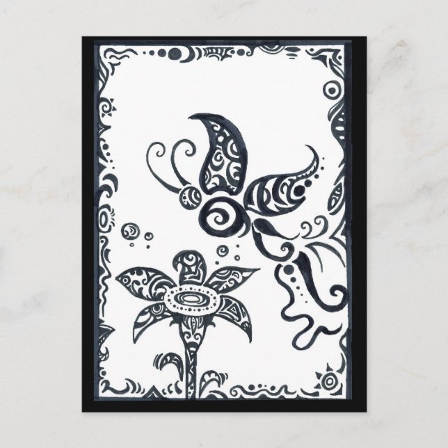 Mariposa tribal en postal de tinta negra (Anverso)