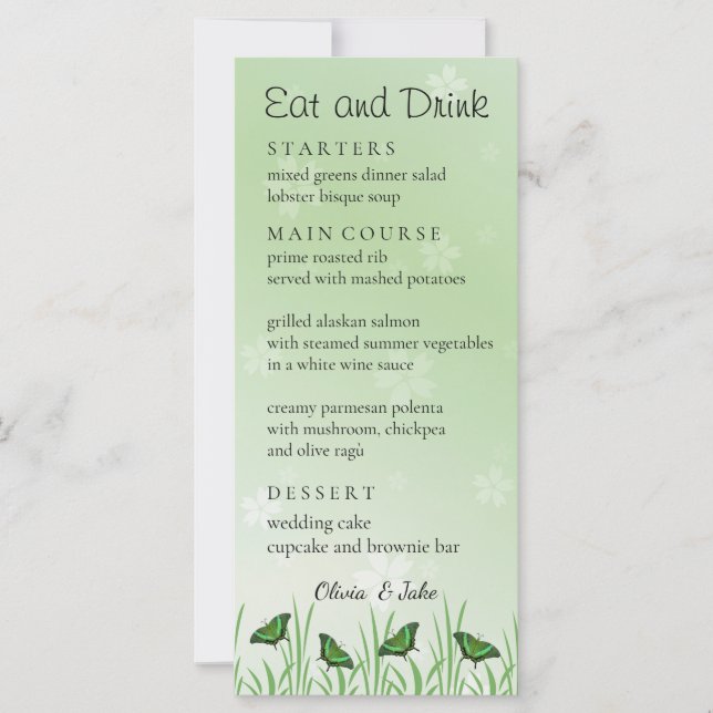 Mariposa verde sobre verde claro - carta de menú (Anverso)