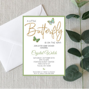Mariposa verde y invitación a Baby Shower Purpurin