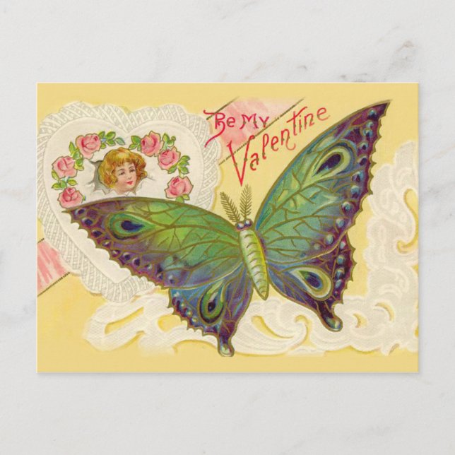 Mariposa vintage y postal de San Valentín cardíaco (Anverso)