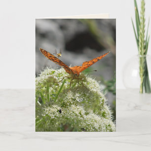 Mariposa y abeja, tarjeta de saludo en blanco