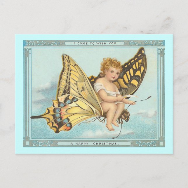"Mariposa y Cherub" vintage postal navideña (Anverso)