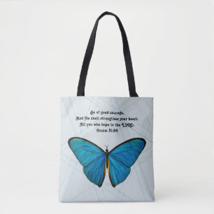 Mariposa y escritura en bolsa azul de tote