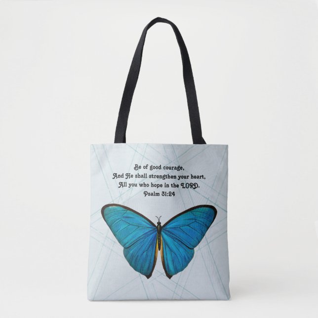 Mariposa y escritura en bolsa azul de tote (Anverso)