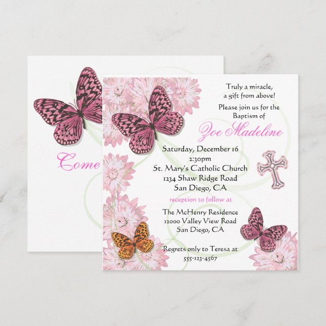 Mariposa y flores Bautismo Invitación (Anverso / Reverso)