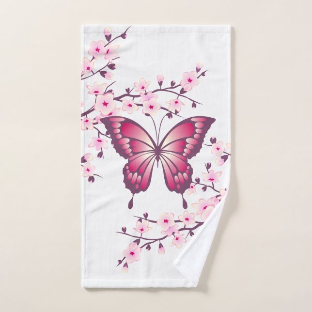 Mariposa Y Flores De Cerezo Blanco Rosa (Toalla de mano)