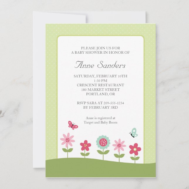 Mariposa y flores Invitación a Baby Shower (Anverso)