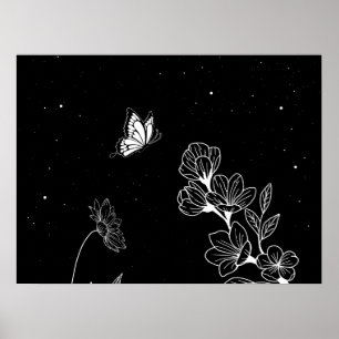 Mariposa y flores negras y blancas en el arte noct