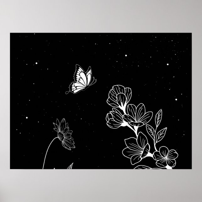 Mariposa y flores negras y blancas en el arte noct (Frente)