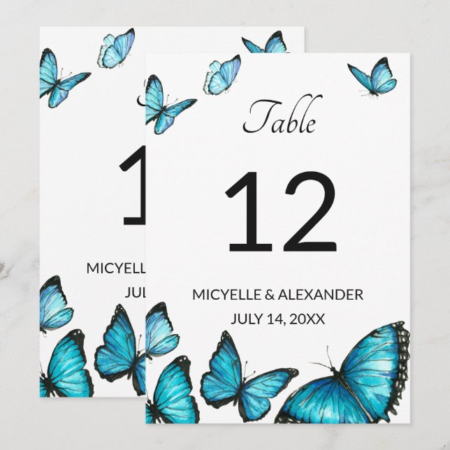 Mariposas acuarela azules Número de mesa de boda (Anverso / Reverso)