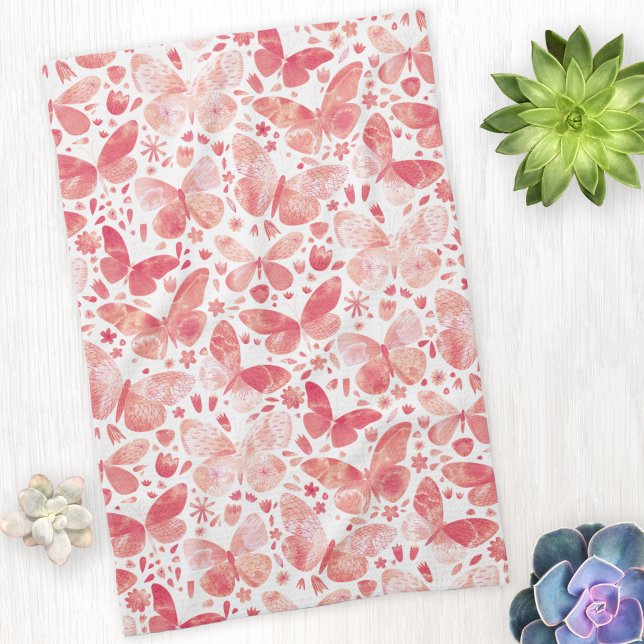 Mariposas Acuarela Coral Cocina Rosa Toalla (Peach pink watercolor butterfly pattern kitchen tea towel)