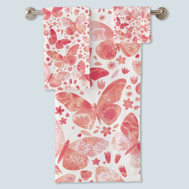 Mariposas Acuarela Coral Rosa (Coral blush pink and white watercolor butterfly towel set)
