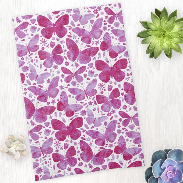 Mariposas Acuarela Magenta Cocina Rosa Toalla (Magenta pink watercolor butterfly pattern kitchen tea towel)
