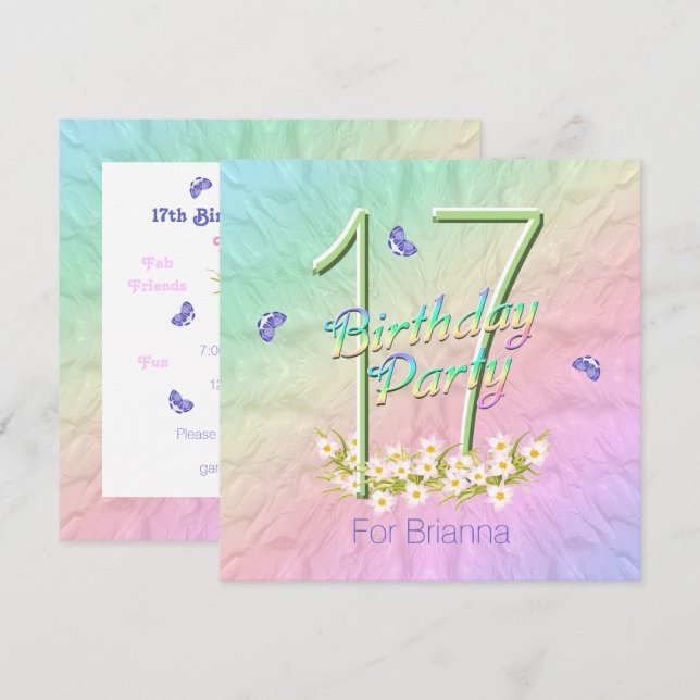 Mariposas arcoiris 17 cumpleaños invitación a fies (Anverso / Reverso)