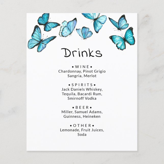 Mariposas azules. Boda caprichoso Menú de bebidas (Anverso)