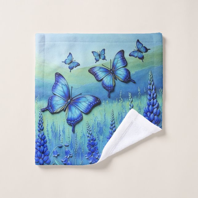 Mariposas Azules con Flores Azules, (Toallita)