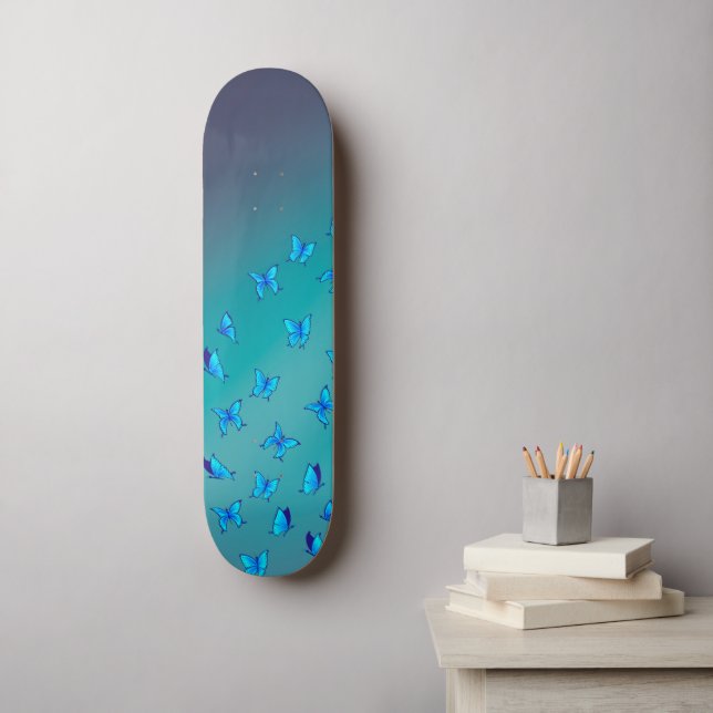 Mariposas azules en patineta de luna (Arte de la pared)