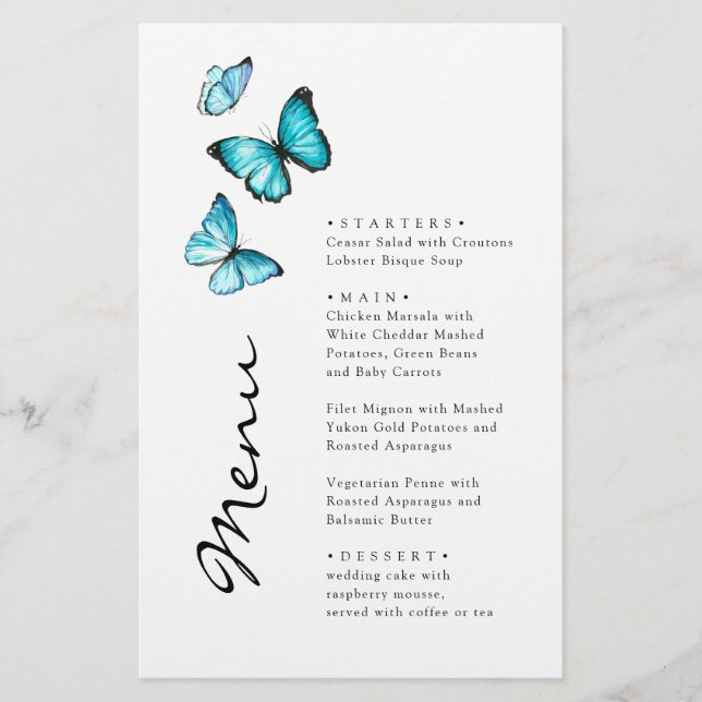 Mariposas azules. Menú moderno y elegante de bodas (Anverso)