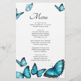 Mariposas azules y románticas. Elegante menú de bo