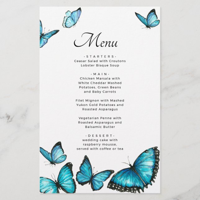 Mariposas azules y románticas. Elegante menú de bo (Anverso)