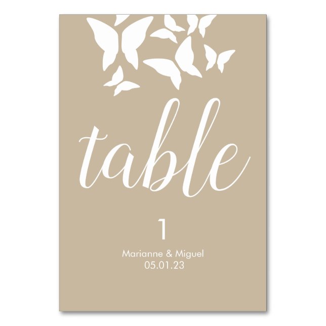 Mariposas de Boda Beige Número de Mesa de Asientos (Anverso)