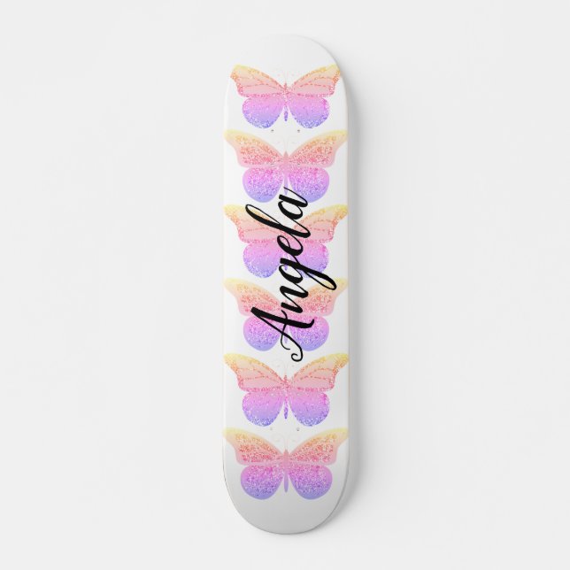 Mariposas de brillo rosadas y moradas monopatín pe (Anverso )