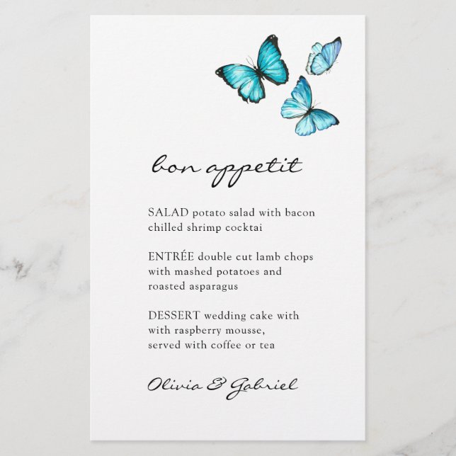 Mariposas de moda azul Elegante menú de bodas (Anverso)