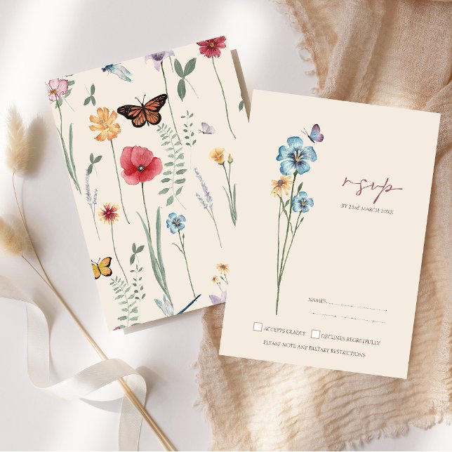 Mariposas Flora Silvestre Simple Boda RSVP (Simple Blue Wildflower Butterflies Wedding RSVP Card)