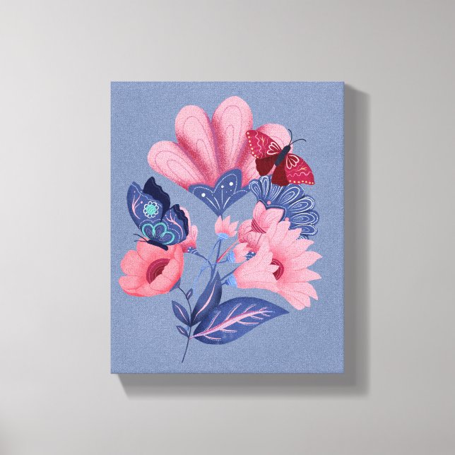 Mariposas Florales Azules Rosadas Arte Folclórico (Anverso)