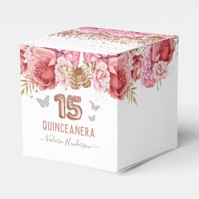 Mariposas florales Caja de Favor Rosa Quinceañera (Costado Anverso)