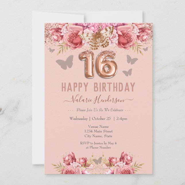 Mariposas Florales Rosa Felices 16 cumpleaños (Anverso)
