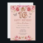 Mariposas Florales Rosa Felices 16 cumpleaños<br><div class="desc">Purpurina,  fondo rosa milenario,  con tipografía de nombre de guión sofisticado. Faux rosa oro 16 globo texto. Roses rosados y borde superior de la mariposa. Genial para las dulces celebraciones de 16.</div>
