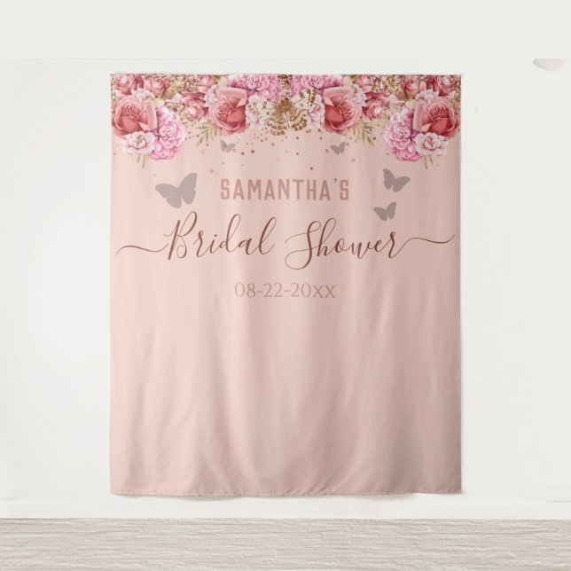 Mariposas florales Tapiz De Ducha De Novias Rosa (Anverso)