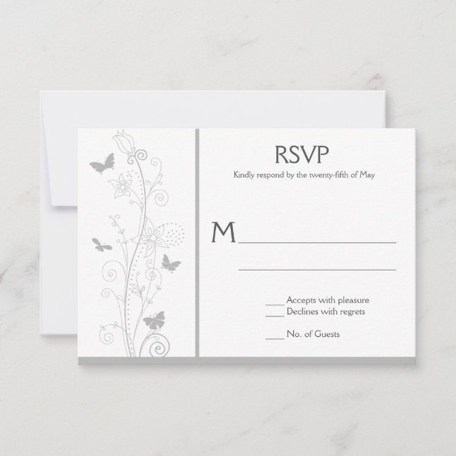 Mariposas gris pálidas Ornate Floral Swirls RSVP (Anverso)