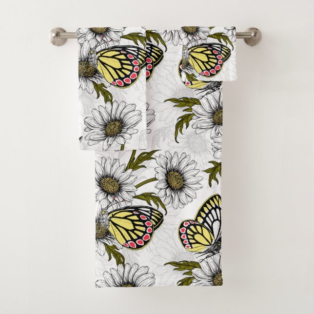 Mariposas Jezebel y flores de margarita en blanco (In situ)