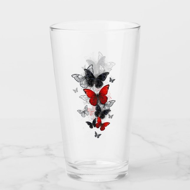 Mariposas Morpho voladoras negras y rojas (Anverso)