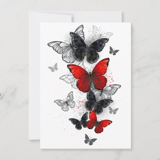 Mariposas Morpho voladoras negras y rojas (Anverso)