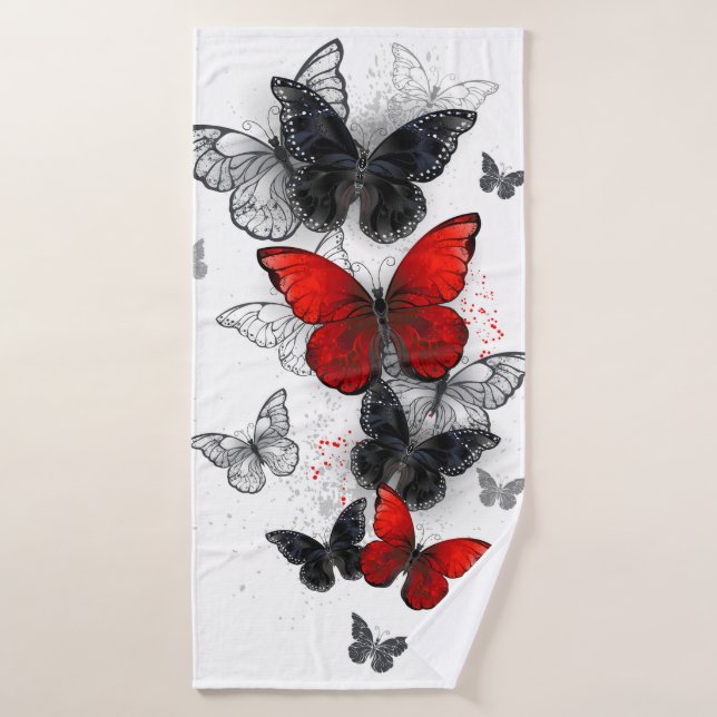 Mariposas Morpho voladoras negras y rojas (Toalla de baño)