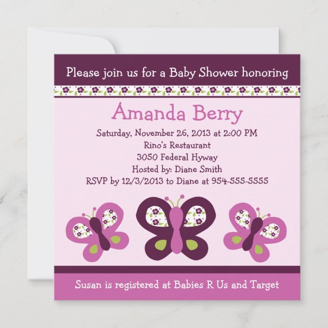 Mariposas púrpura e invitación Baby Shower de fluj (Anverso)