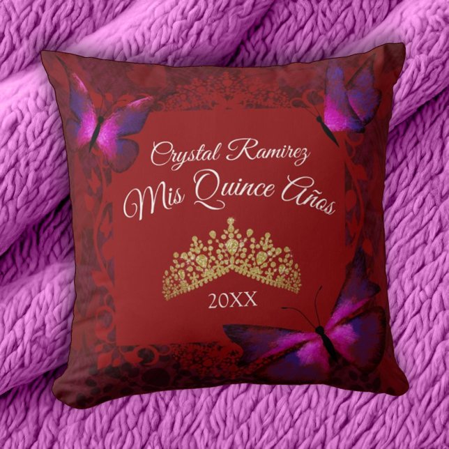 Mariposas rojas, almohada quinceanera de Tiara dor (red and gold quinceanera throw pillow, mis quince keepsake, gift for red quinceanera theme)