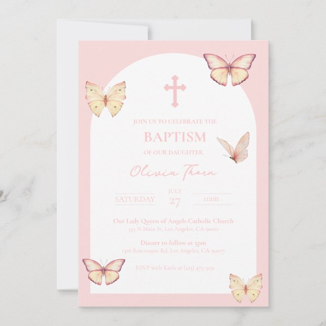 Mariposas rosadas Invitación al bautismo de bebé (Anverso)