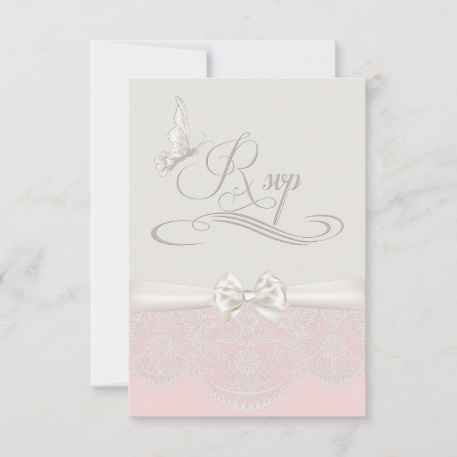 Mariposas rosadas y marfileñas RSVP de encaje (Anverso)