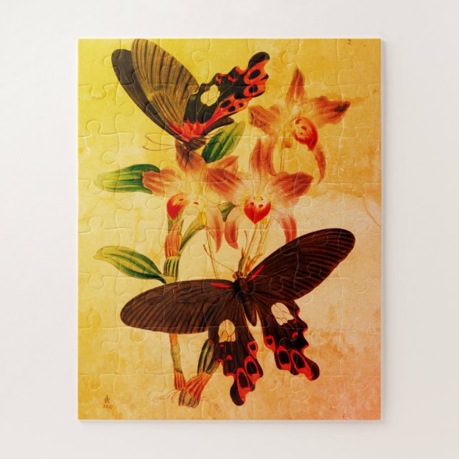 Mariposas sepia vintage en un rompecabezas floral (Vertical)