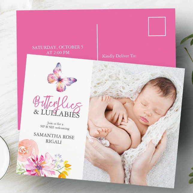 Mariposas Sip y ver invitaciones de Baby Shower (Sip and see baby shower invitations pink floral and butterflies)